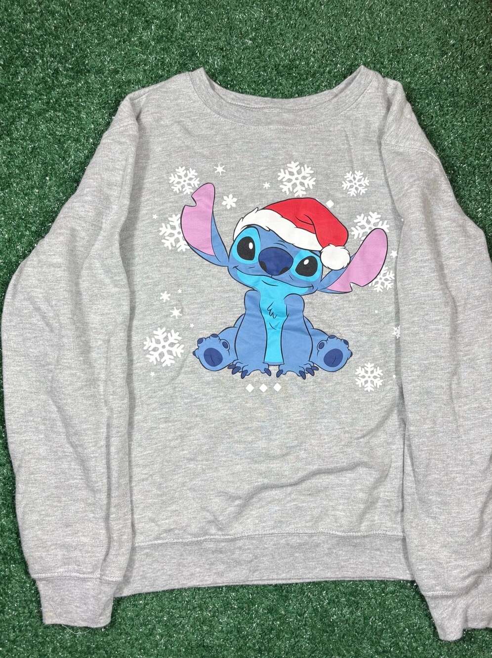 Disney Lilo & Stitch Christmas Sweatshirt Size S Gray Santa Hat
